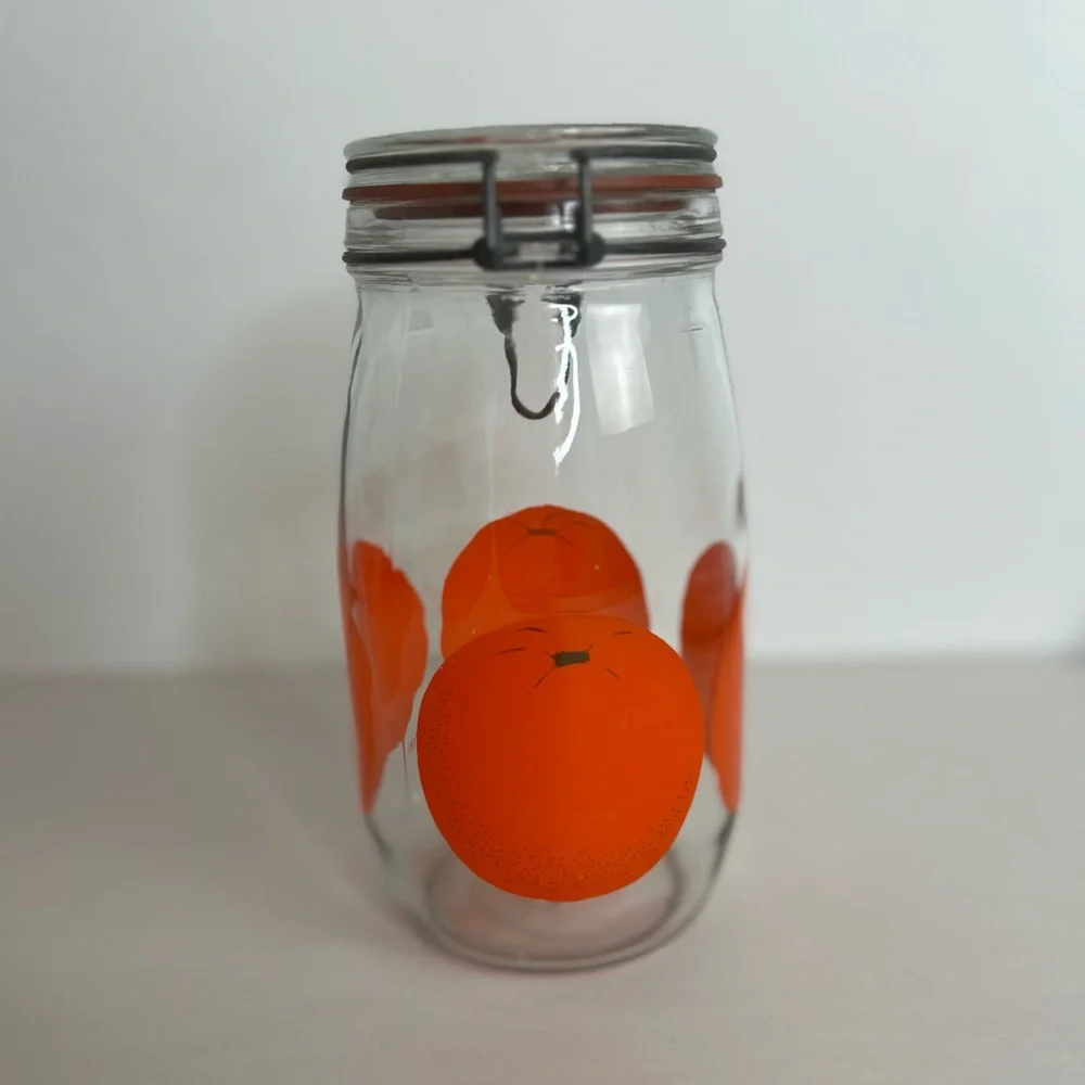Vintage 60's The Cannery Hinged Glass Jar Container with Orange Design 1.5L